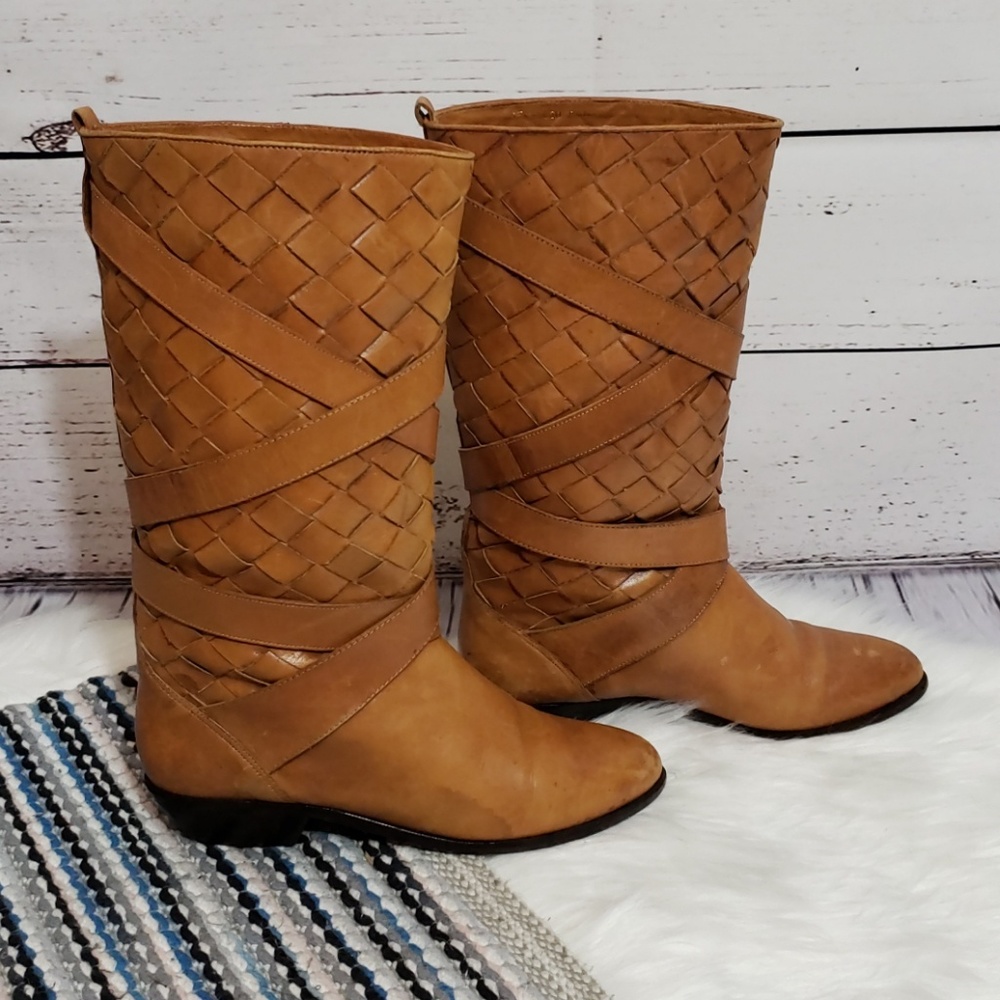 Vintage Bass Woven Riding Boots Size 6N Cognac - Picture 1 of 8